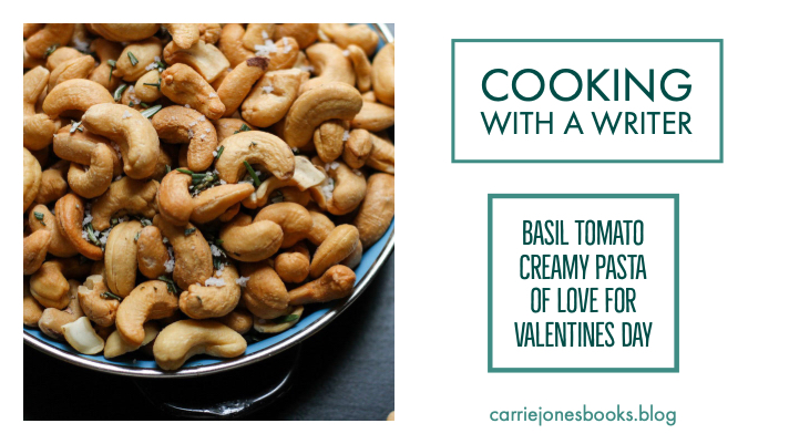 Quirky and funny vegetarian recipes redone with author Carrie Jones featuring Basil Tomato Creamy Pasta for Valentines Day